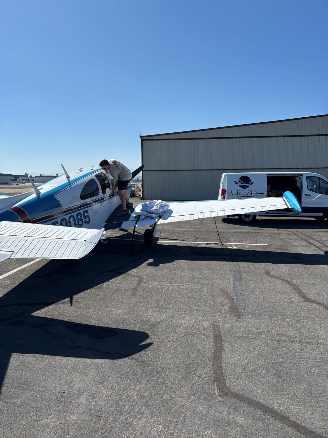 The finished aircraft outside the hangar with the Aero Spa van